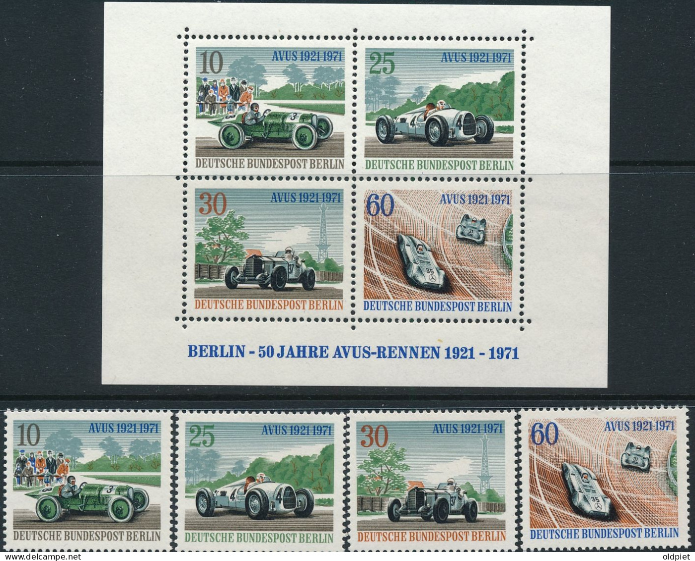 GERMANY Berlin West 1971 Mi Block 3 + Mi 397-400 Blockeinzelmarken MNH ** Postfrisch 50 Jahre AVUS-Rennen Opel Mercedes - Blocks & Sheetlets