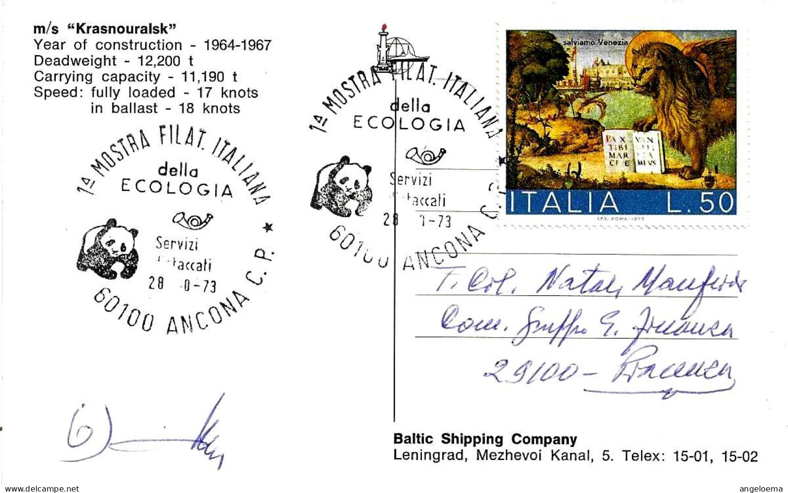 ITALIA ITALY - 1973 ANCONA 1^ Mostra Filatelica Di ECOLOGIA (panda) Su Cartolina Illustrata - 4009 - Covers & Documents