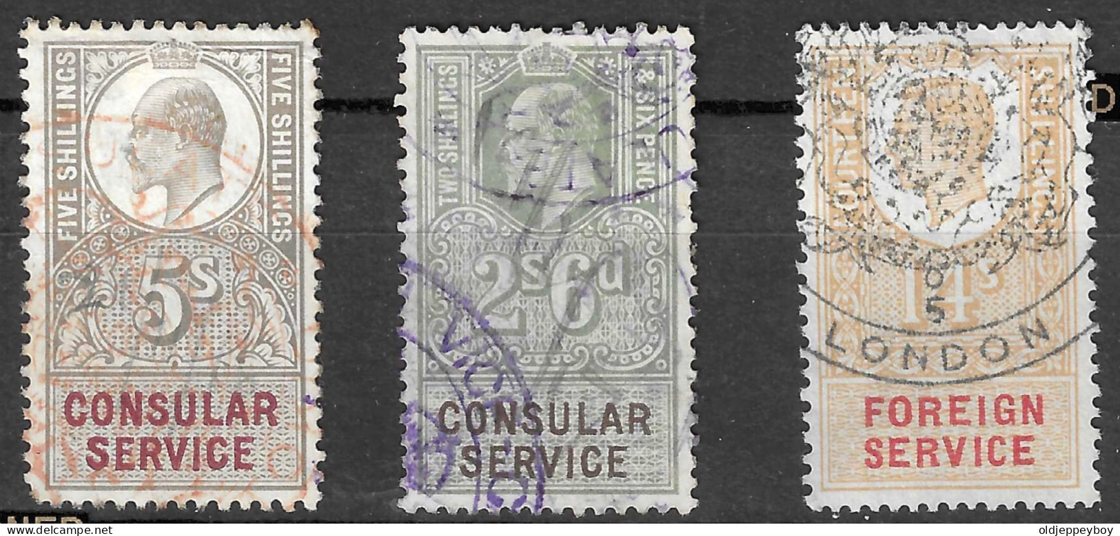 SET OF 3 CONSULAR SERVICE AND FOREIGN SERVICE 5sh, 2s6d, 14sh Used  - Revenue Stamps