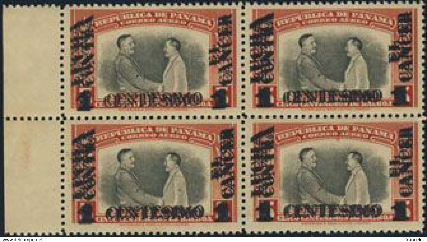 PANAMA(1949) Roosevelt. Arosemena. Block Of 4 With Doubled Overprint Of Anti-cancer Surcharge. Scott No RA28, Yvert No P - Panama