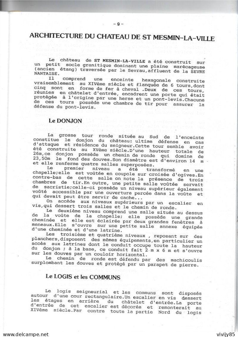 79 - Livre /plaquette Illustré De 16 Pages " Le Château De St MESMIN LA VILLE " - Histoire Et Architecture - 1991 - Pays De Loire