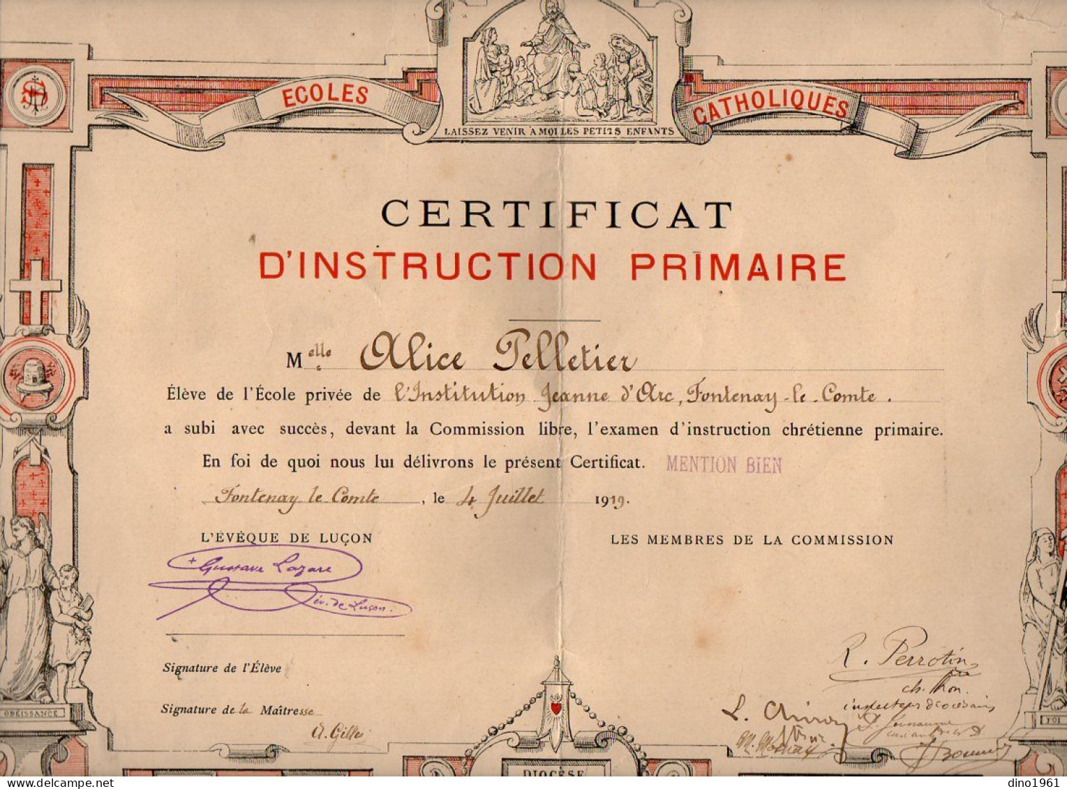 VP22.719 - Ecole,l'Institution Jeanne D'Arc De FONTENAY LE COMTE 1919 - Certificat - Melle PELLETIER - L'Evêque De LUCON - Diplômes & Bulletins Scolaires