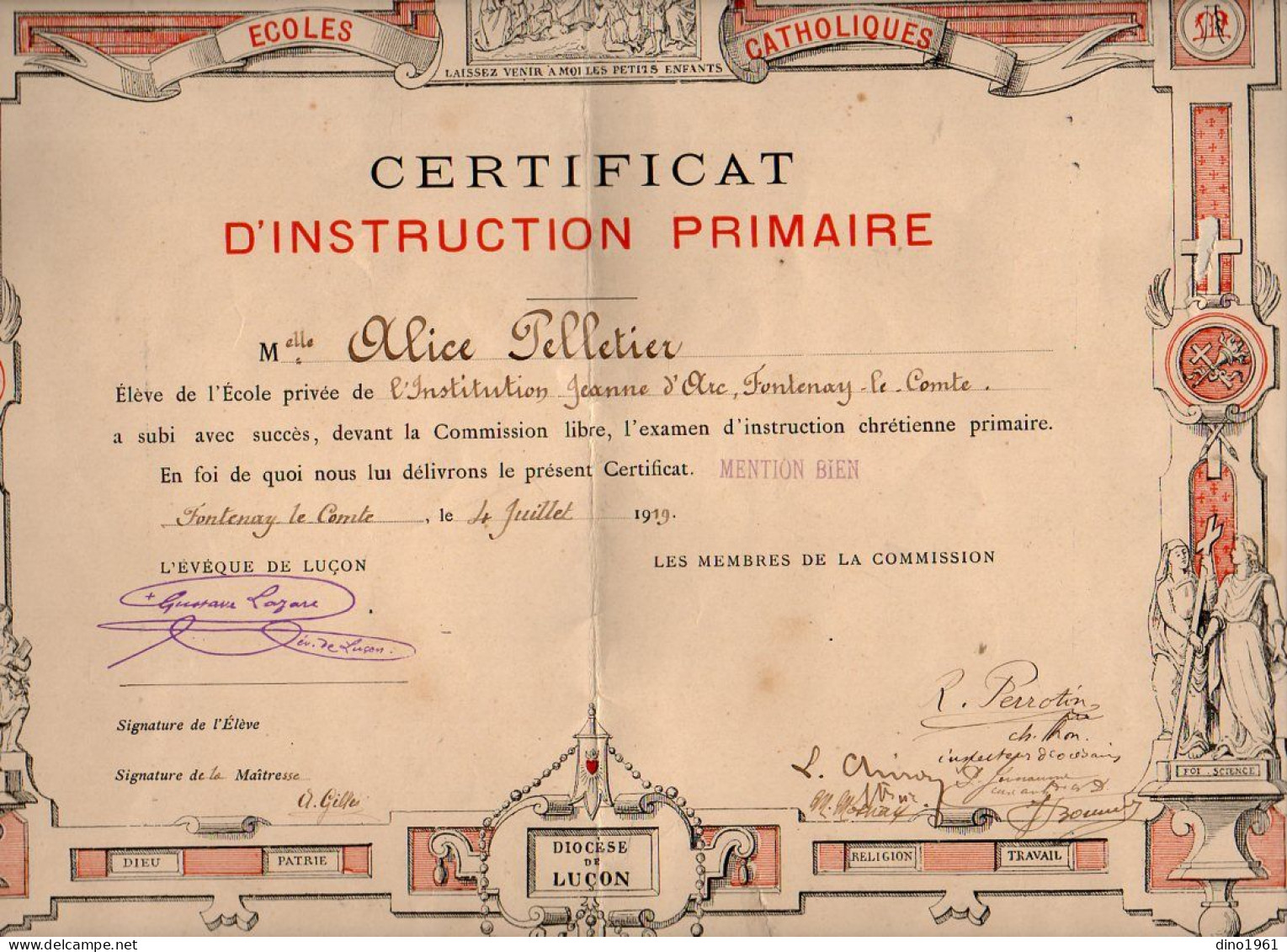 VP22.719 - Ecole,l'Institution Jeanne D'Arc De FONTENAY LE COMTE 1919 - Certificat - Melle PELLETIER - L'Evêque De LUCON - Diplômes & Bulletins Scolaires