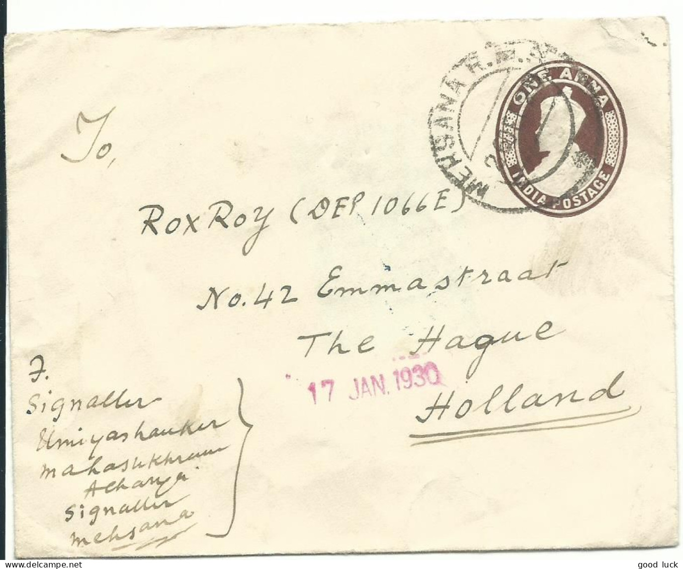 INDE ENTIER 3A  MEHSANA  POUR LA HAYE ( PAYS BAS ) DE 1929 LETTRE COVER - Enveloppes