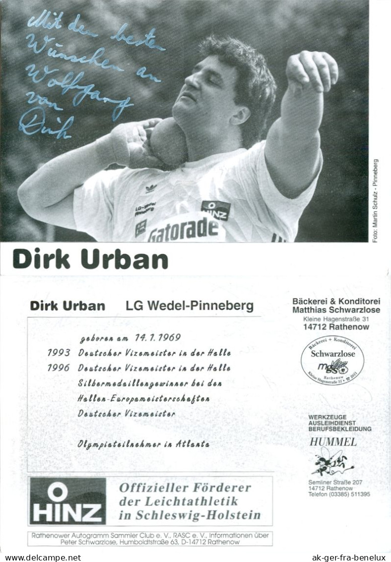 AK Autogramm Kugelstoßer Dirk Urban Neumünster LG Wedel-Pinneberg Wedeler TSV RASC Rathenow Olympia 1996 Shot Putter - Autógrafos