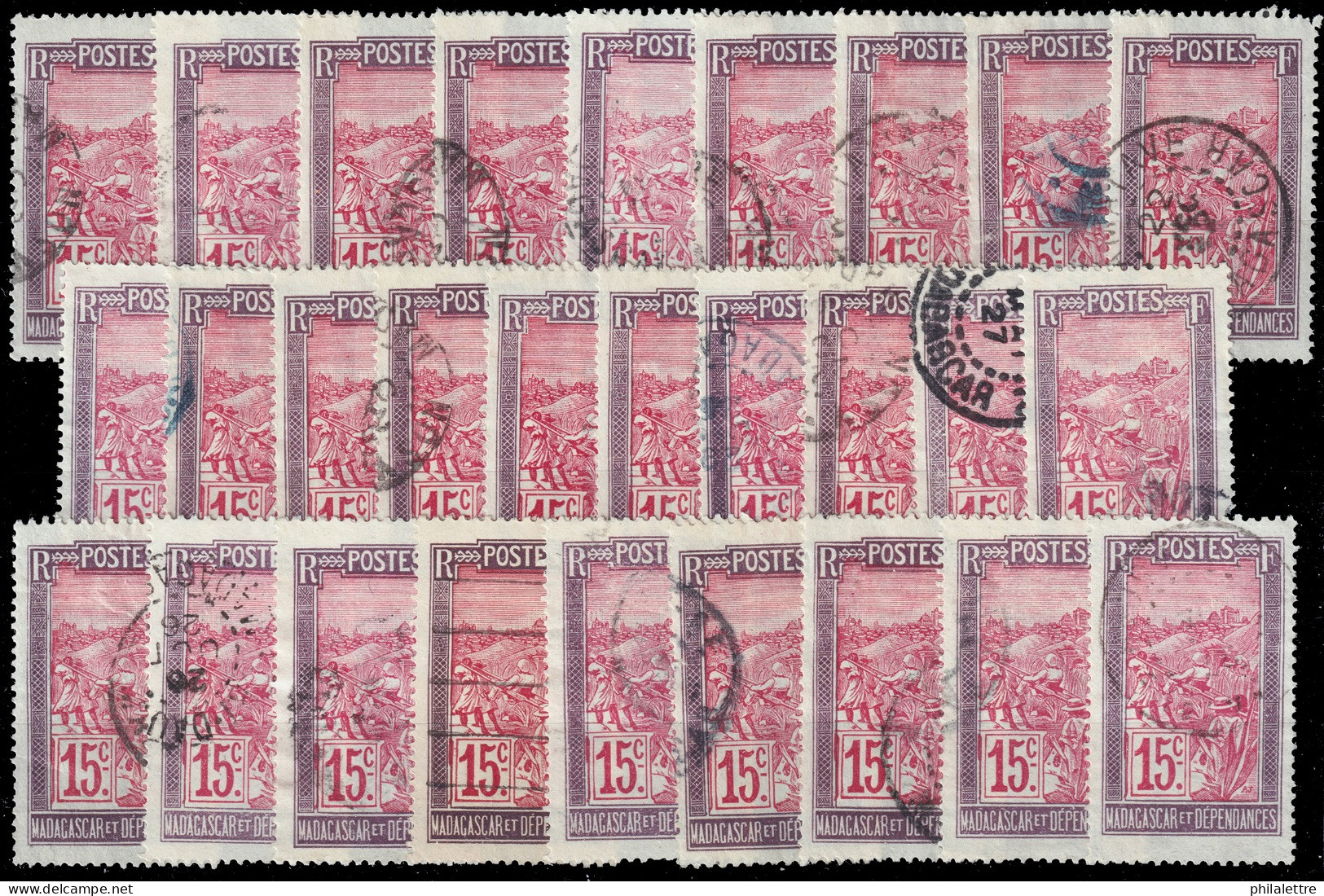 MADAGASCAR - 1908/17 Yv.99 15c Violet-brun & Rouge - Lot De 28 Timbres Oblitérés B/TB - Used Stamps