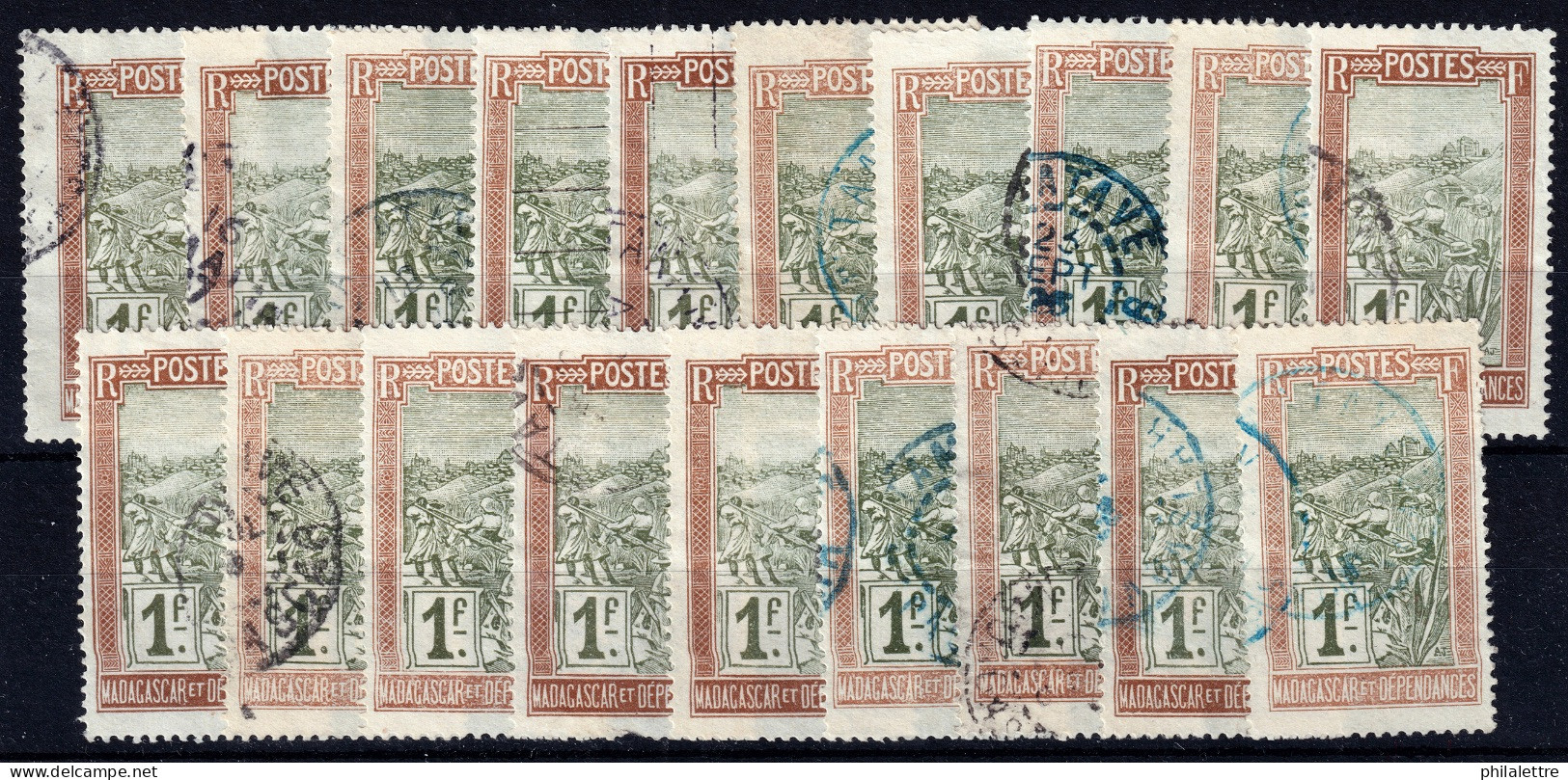 MADAGASCAR - 1908/17 Yv.108 1fr Brun Clair & Olive - Lot De 19 Timbres Oblitérés B/TB - Used Stamps