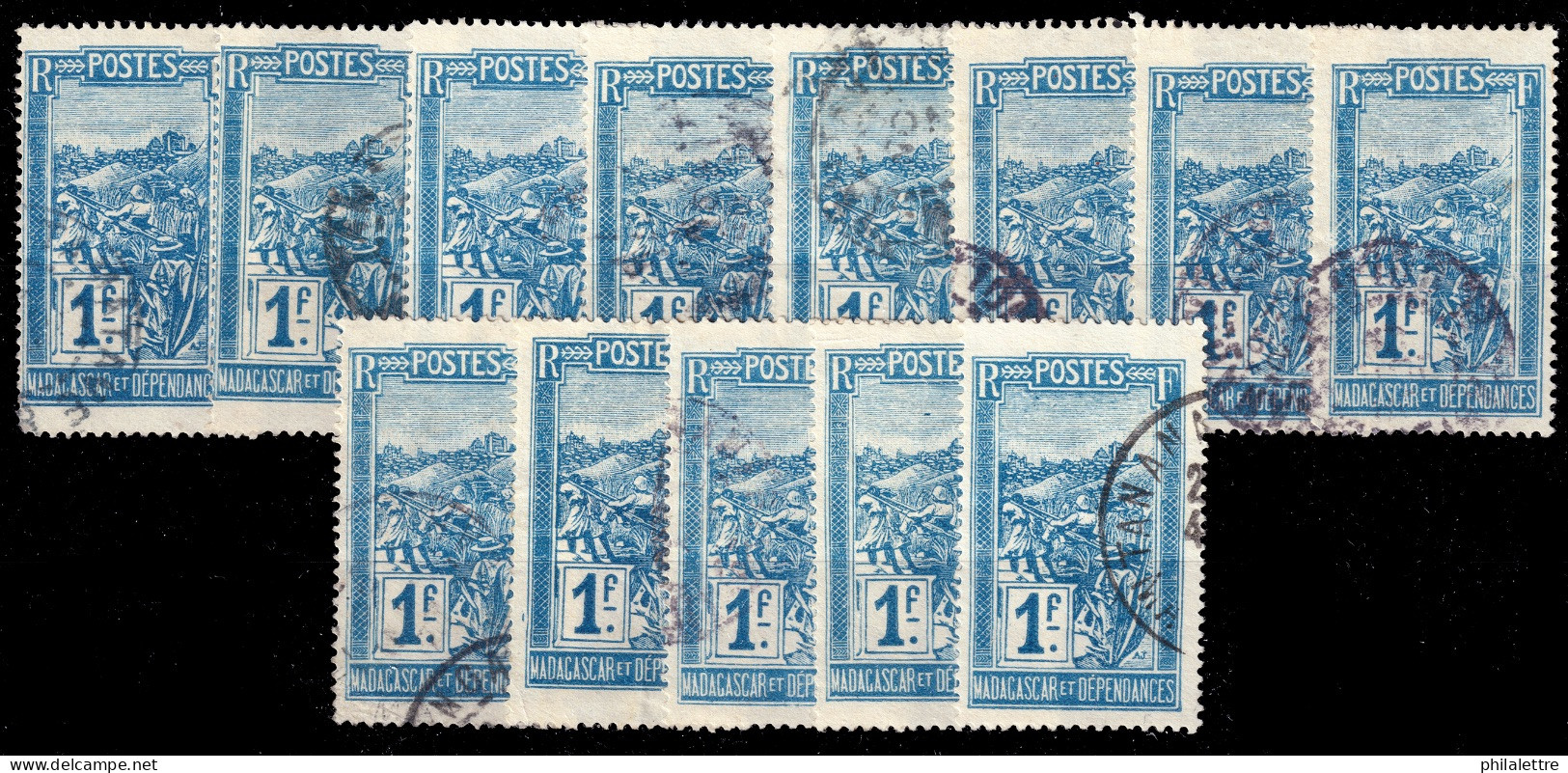MADAGASCAR - 1922/6 Yv.108 1fr Bleu Clair - Lot De 13 Timbres Oblitérés B/TB - Usati