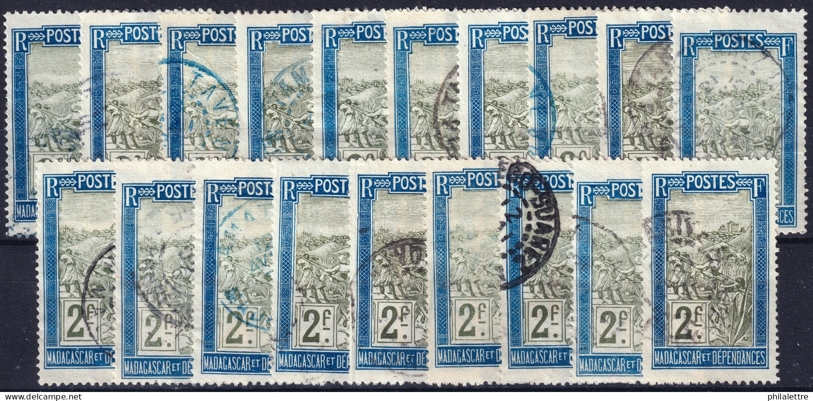 MADAGASCAR - 1908./17 Yv.109 2fr Bleu & Olive - Lot De 19 Timbres Oblitérés B/TB (cote 47,50€) - Gebruikt