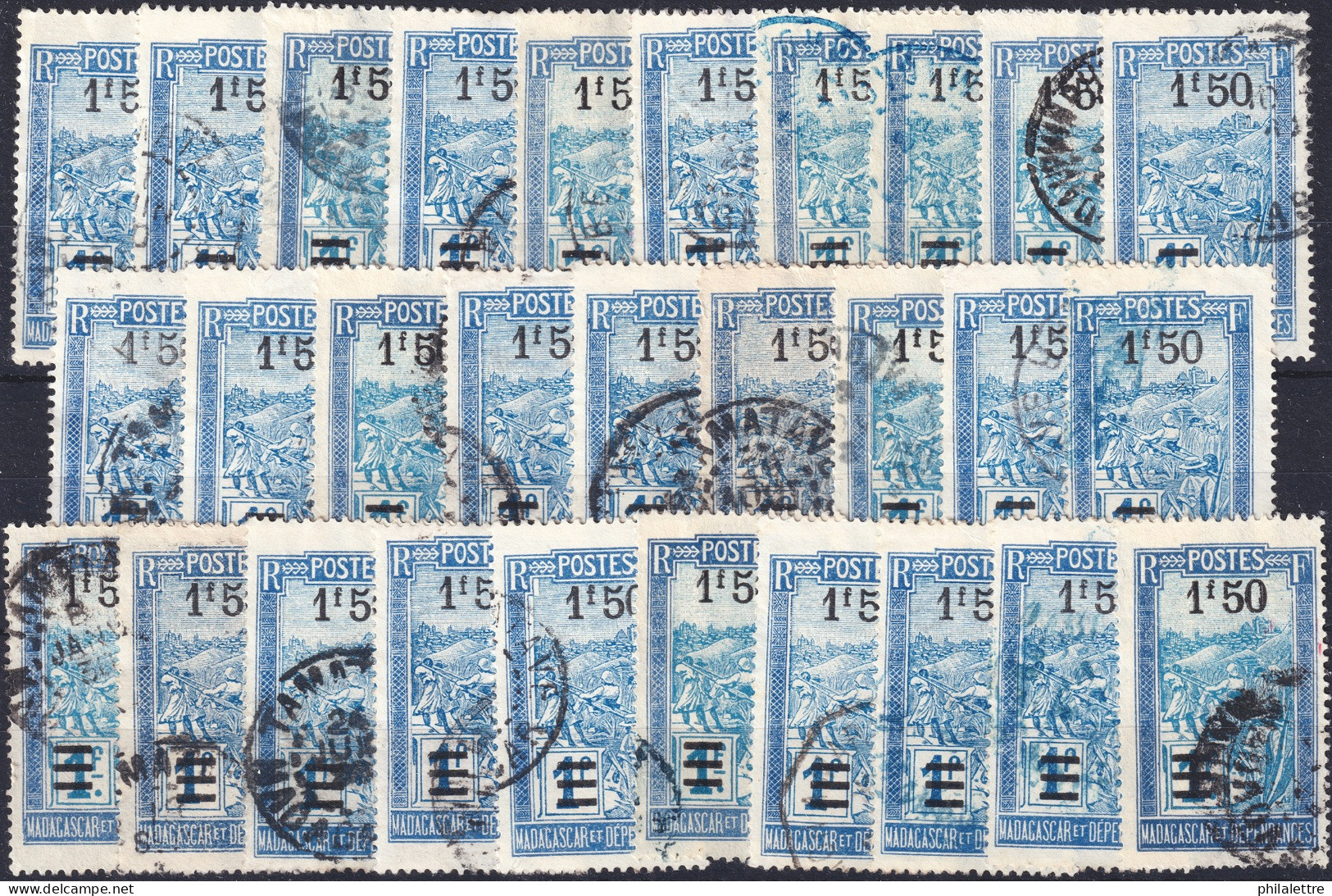 MADAGASCAR - 1922/27 Yv.152 1fr50/1fr Bleu & Bleu Clair - Lot De 29 Timbres Oblitérés B/TB - Usati