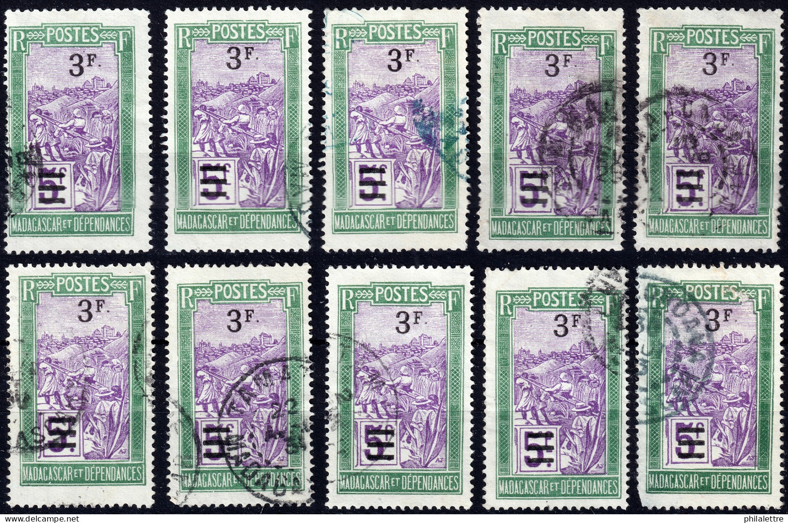 MADAGASCAR - 1922/27 Yv.153 3fr/5fr Vert & Violet - Lot De 10 Timbres Oblitérés B/TB - Used Stamps