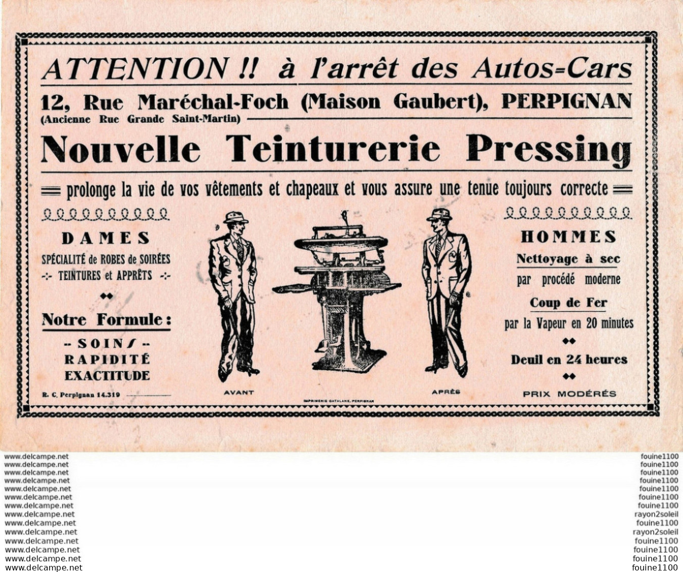 Buvard Publicitaire Teinturerie Pressing 12 Rue Maréchal Foch ( Maison Gaubert ) à PERPIGNAN - Kleding & Textiel