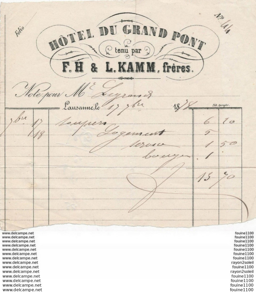 Petite Facture Format 15 X 13 Cm ANNEE 1878 HOTEL DU GRAND PONT Tenu Par F. H &  L. KAMM Frères  à Lausanne ( Suisse ) - Zwitserland