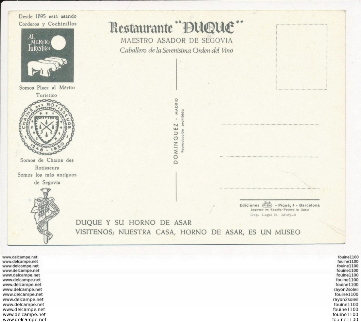 Carte ( Format 15 X 10 Cm ) Segovia Restaurante  Duque - Segovia