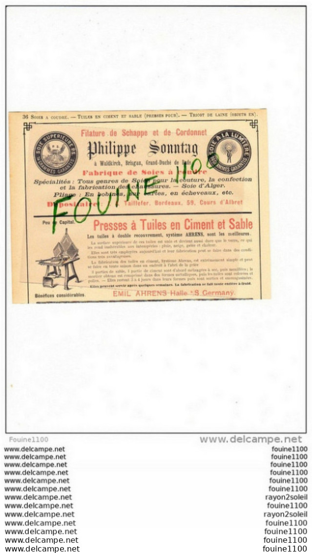 PUB 1900 Presse à Tuiles( Tuilerie ? ) émile Ahrens HALLE A S GERMANY Fabrique De Soie Sonntag WALDKIRCH BRISGAU - 1900 – 1949