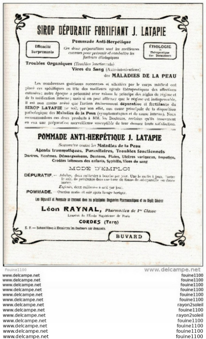 Buvard Grand Format 22,5x28 Cm  Sirop Dépuratif Fortifiant LATAPIE Du Pharmacien Léon Raynal à Cordes Tarn Médicament - M