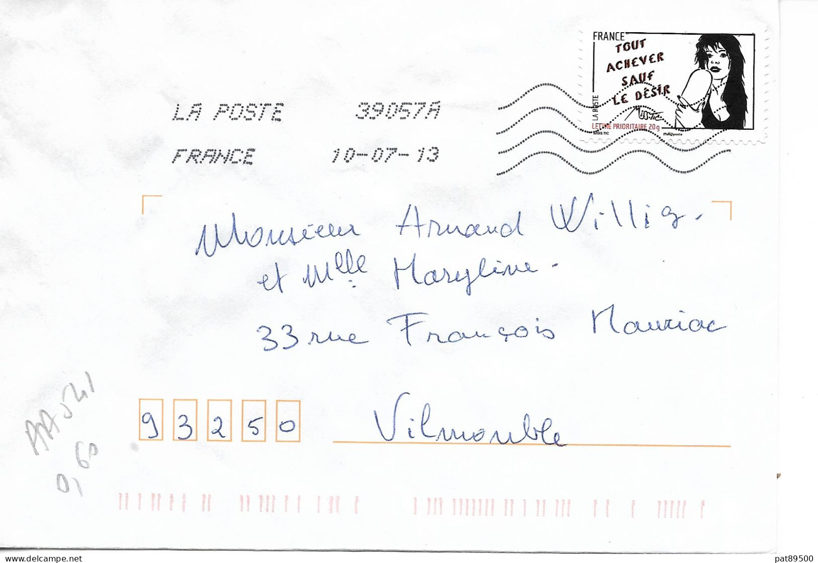 France 2011 AA 541 /  Tout Achever Sauf Le Désir / Sur Enveloppe Entière 07/2013 # - Covers & Documents