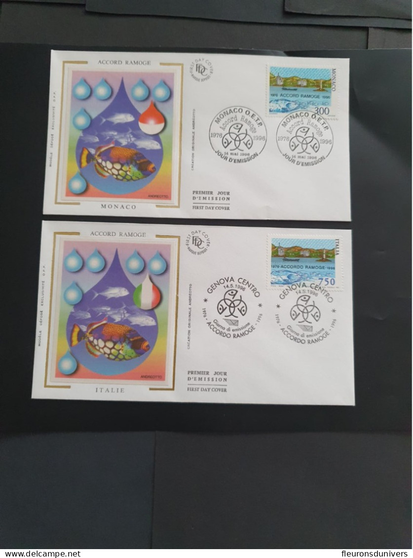 MONACO/ITALIE 1996 2 Enveloppes Sur Soie "Accord Ramoge" Oblitération 1er Jour - Covers & Documents