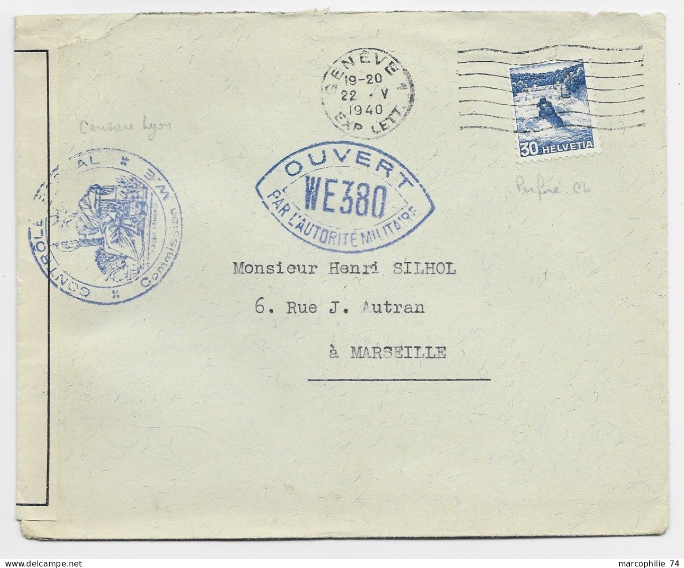 SUISSE HELVETIA 30C PERFIN PERFORE C.L. LETTRE COVER MEC GENEVE 22.V.1940 TO FRANCE CENSURE OUVERT WE 380 - Perfins