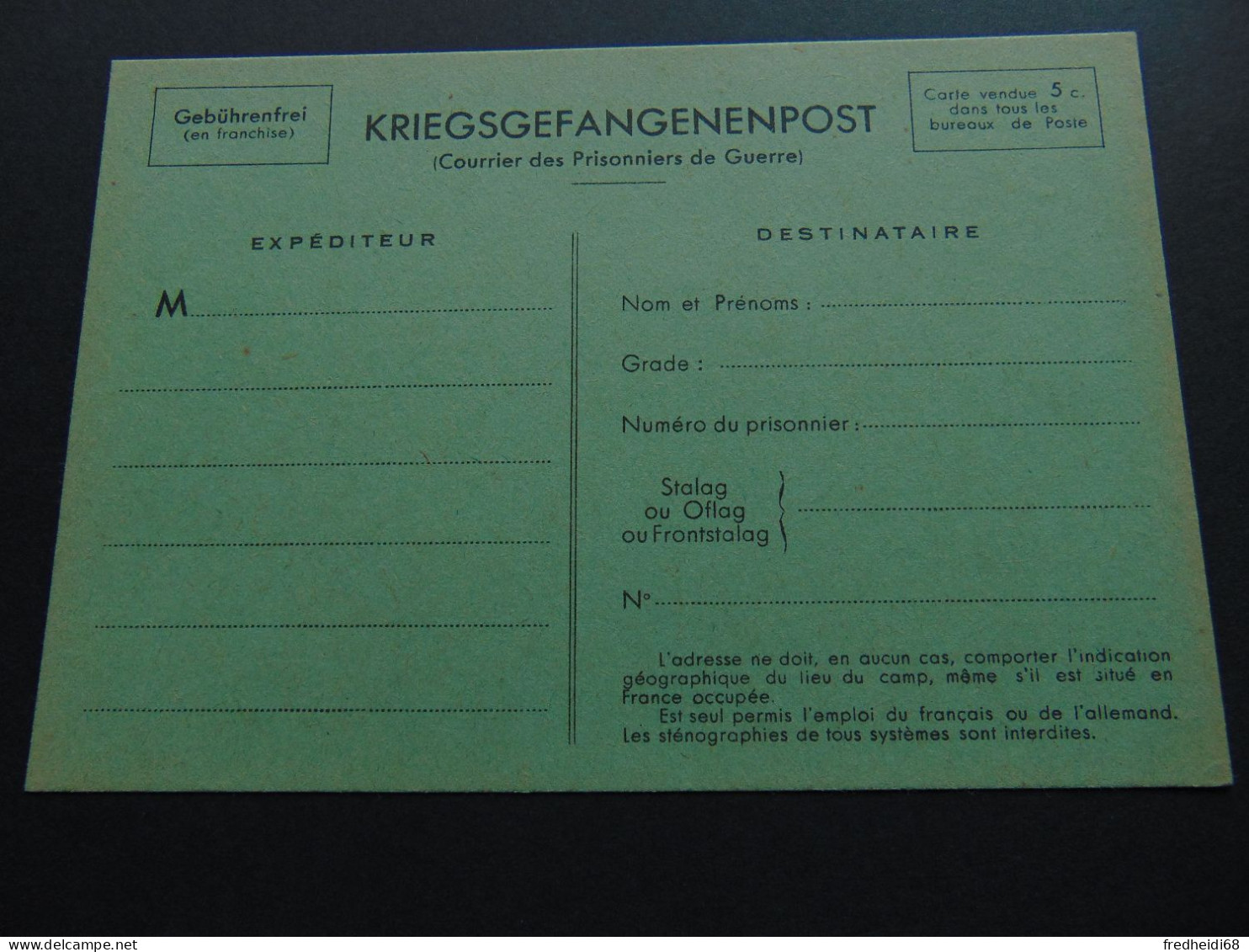 Carte De Prisonnier De Guerre Utilisée Durant La 2nde Guerre Mondiale - Pseudo-officiële  Postwaardestukken