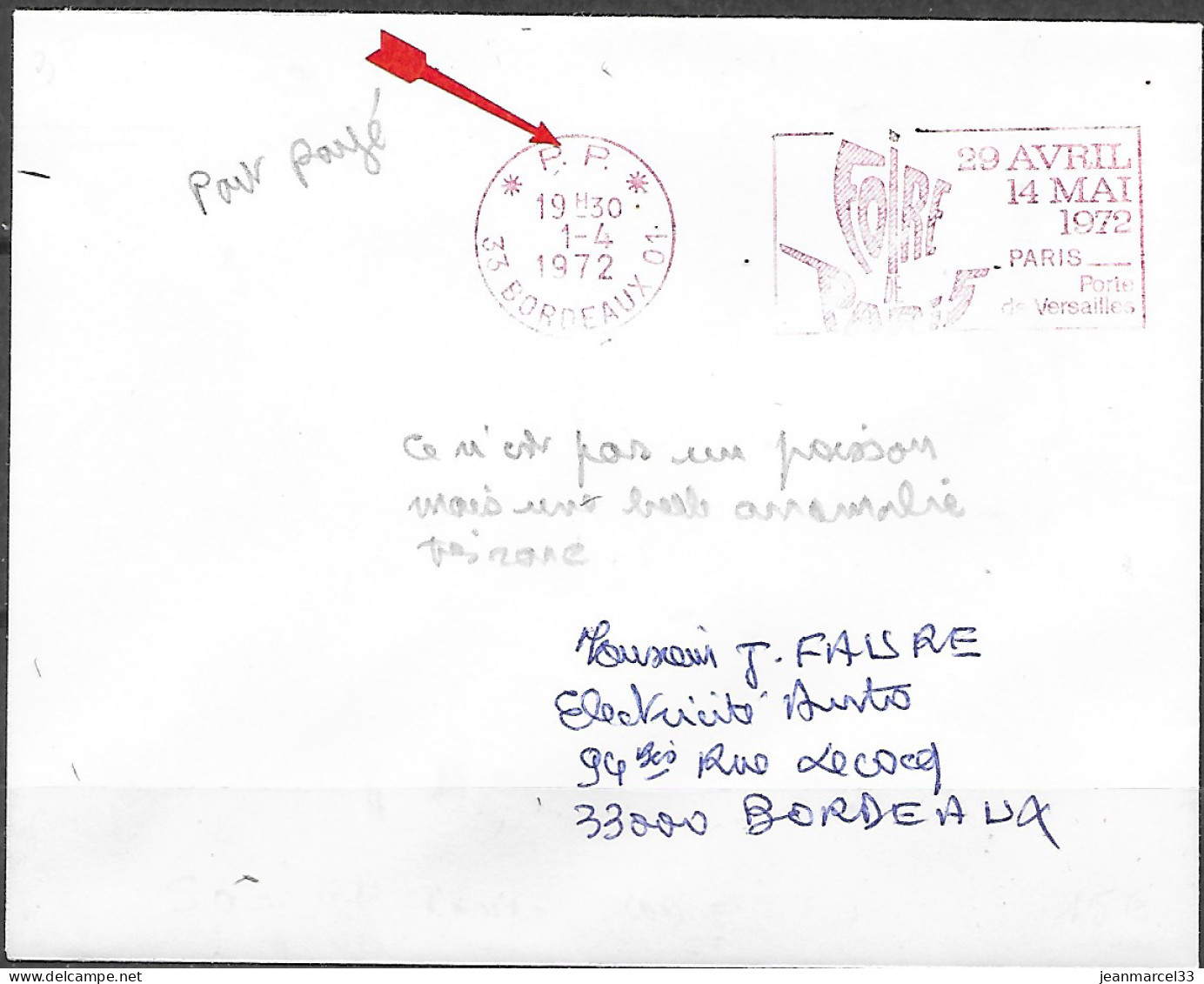 Flamme Secap En P.P. O= De 33 Bordeaux 01 Du  1-4 1972 Frappée Par Erreur En Rouge Au Lieu De Noire - Cartas & Documentos