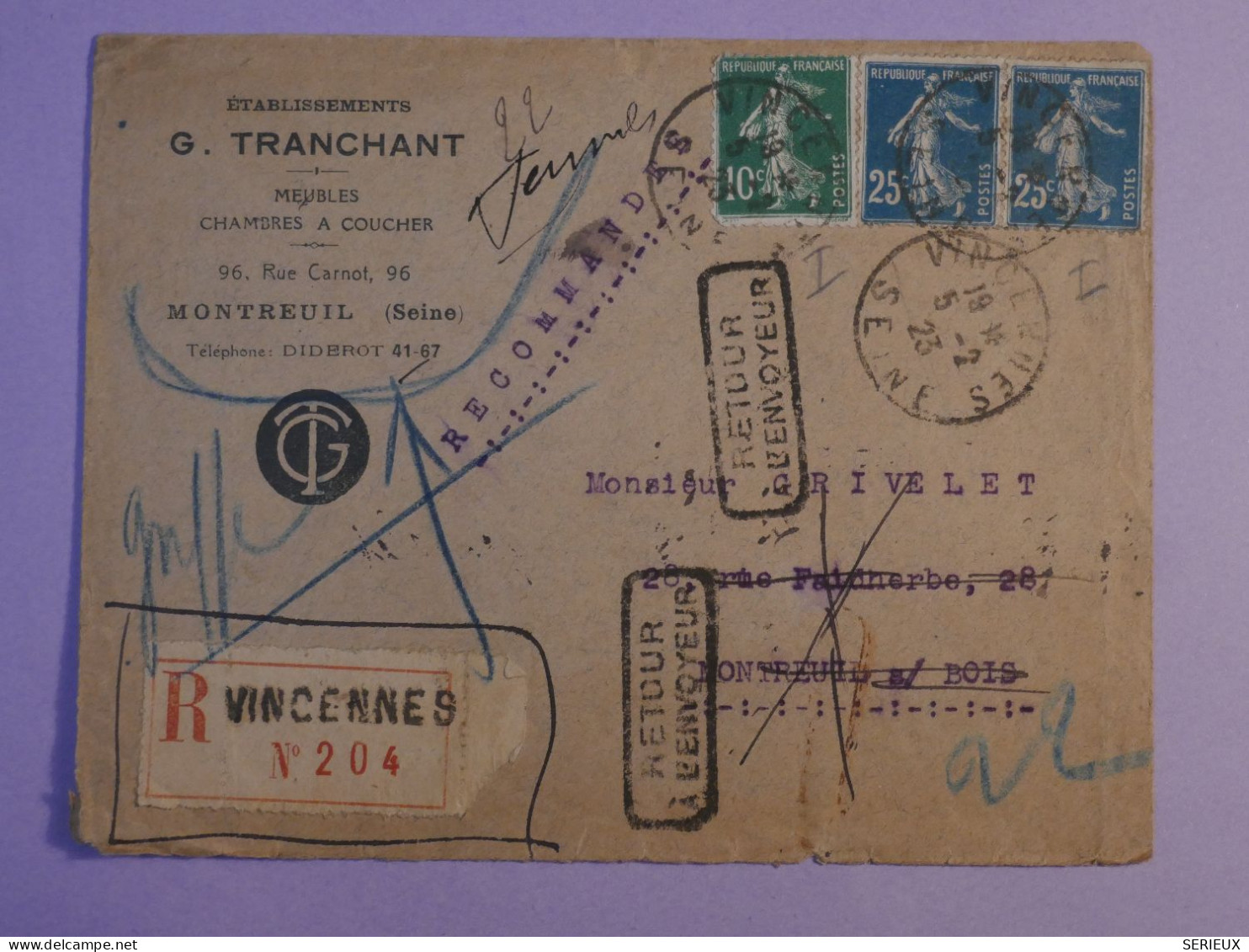 AO 0  FRANCE  BELLE LETTRE  RECO 1923 VINCENNES  A MONTREUIL +RETOUR +AFF. INTERESSANT++ + - Storia Postale