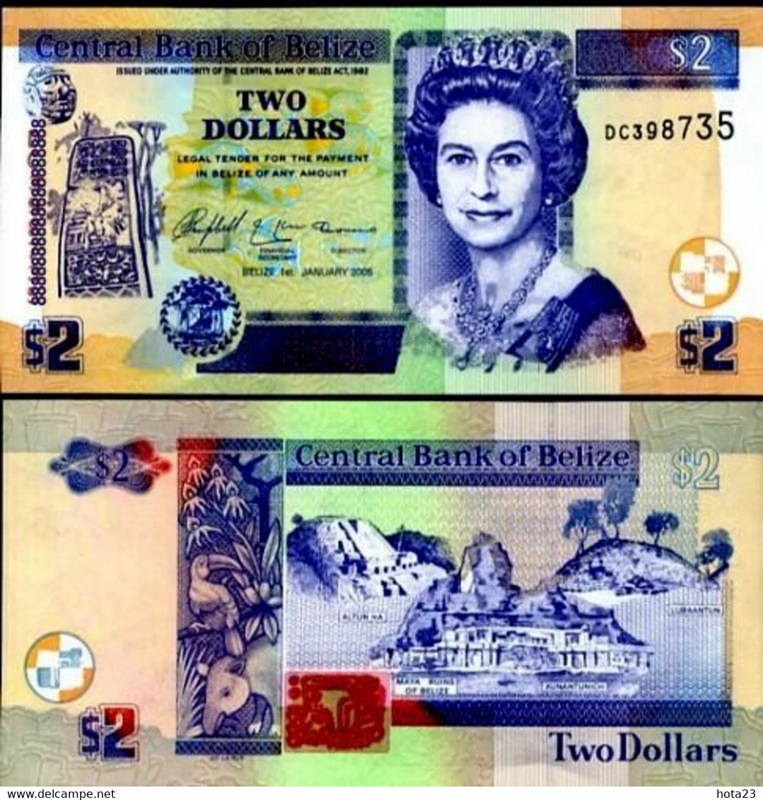 BELIZE 2 DOLLARS P-65 2005 QUEEN RUIN UNC ANIMAL FAUNA WILD LIFE MONEY BANK NOTE - Belice