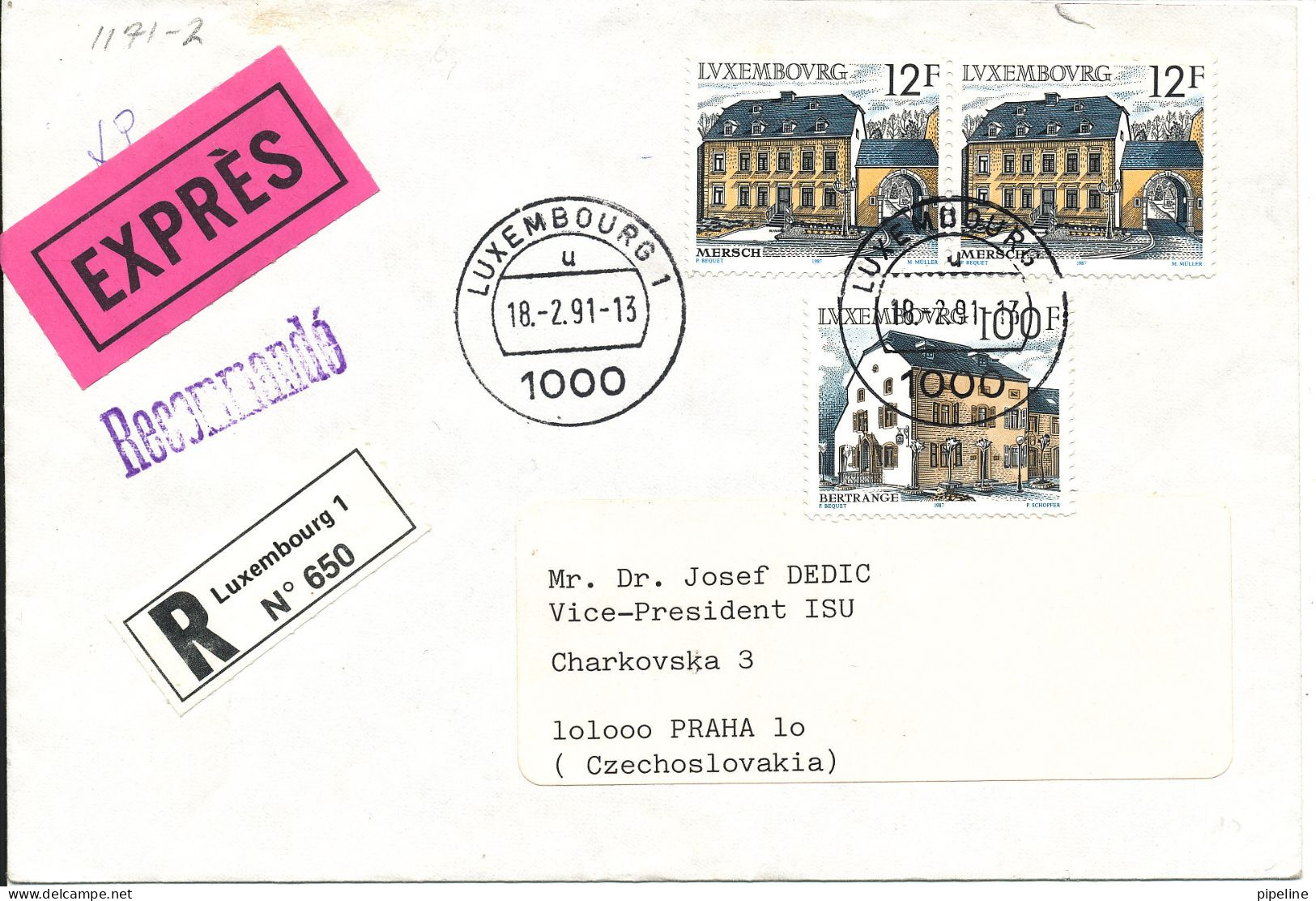 Luxembourg Registered Cover Sent Express To Czechoslovakia 18-2-1991 Topic Stamps (the Flap On The Backside Of The Cover - Lettres & Documents
