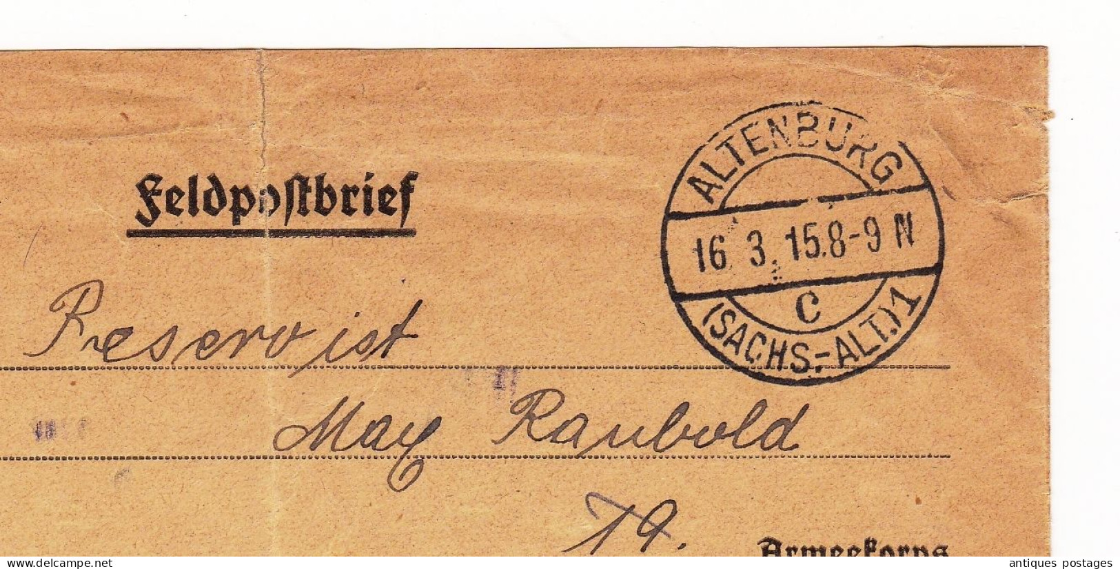 WW1 Feldpostbrief 1915 Altenburg Deutschland Reservist Infanterie Regiment 107 Feldpost Military Mail - Feldpost (postage Free)