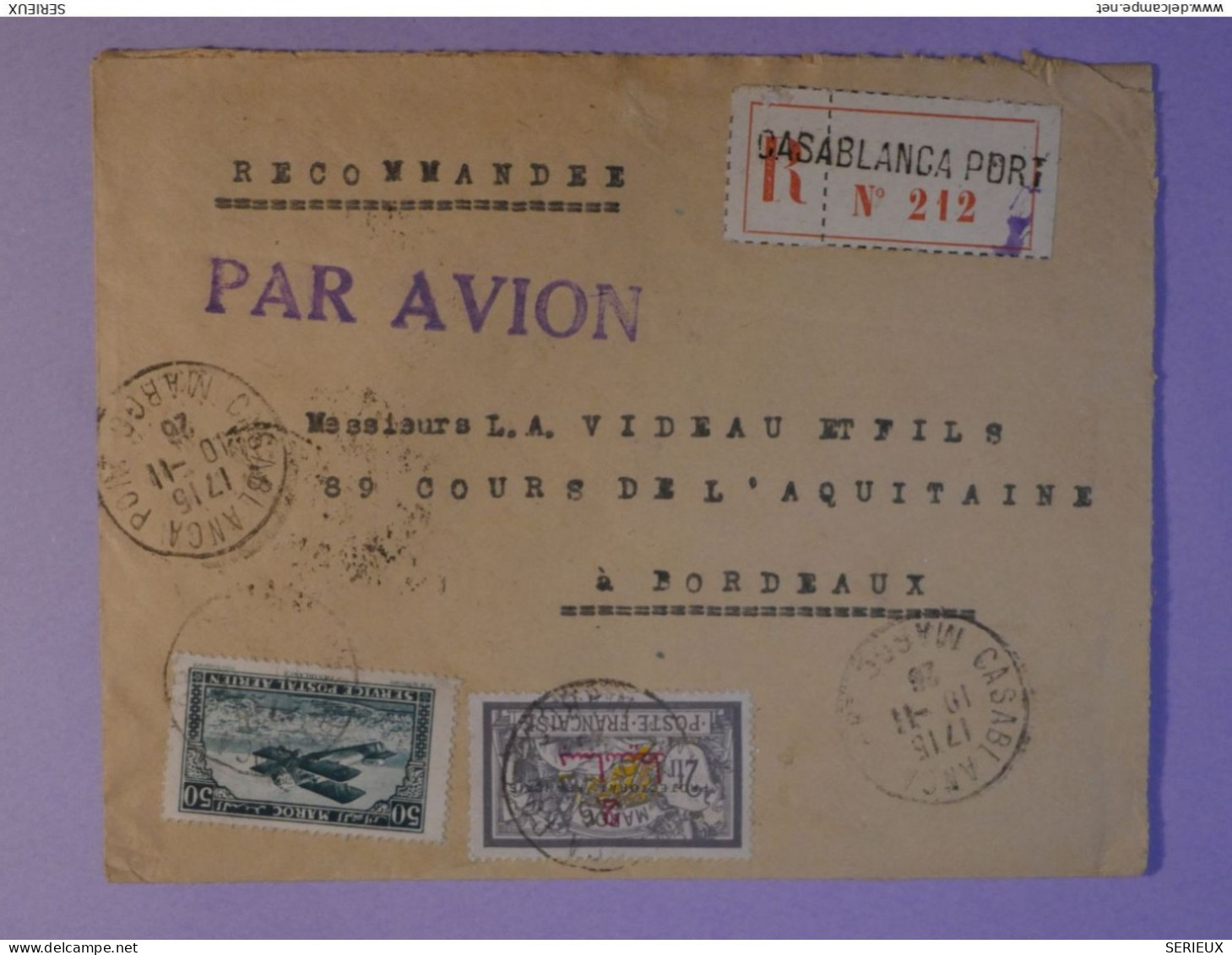 AO 0  MAROC BELLE  LETTRE  RECO 1928PAR AVION CASABLANCA A BORDEAUX  +MERSON SURCHARGE   +AFF. INTERESSANT++ + - Storia Postale