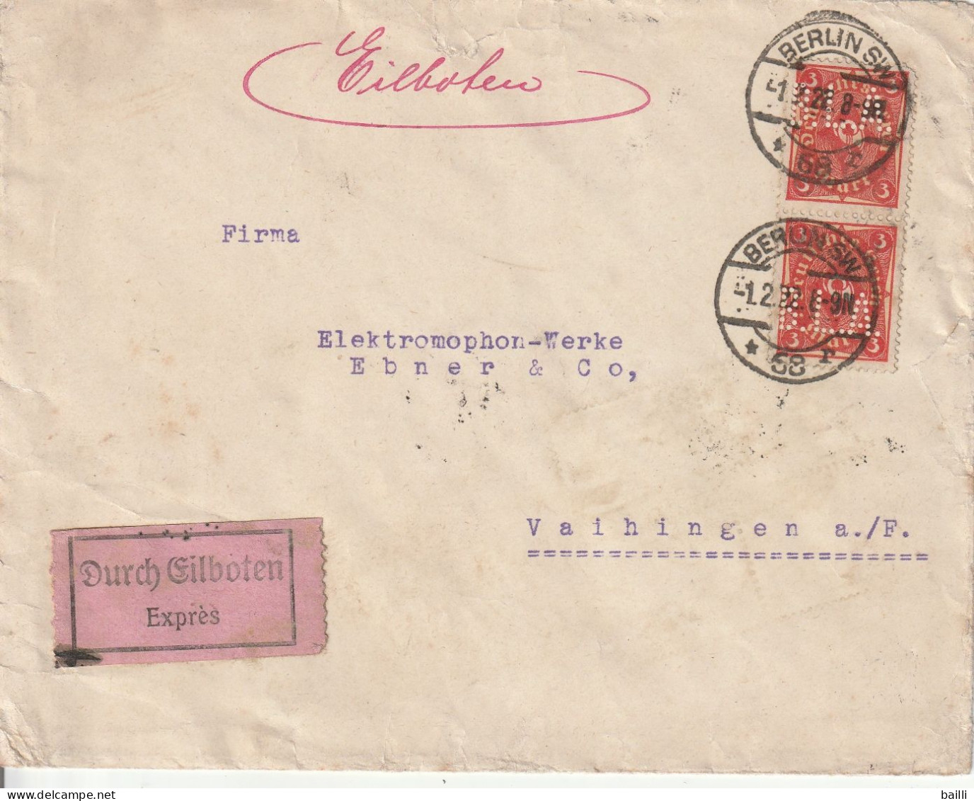 Allemagne Timbres Perforés  Sur Lettre Par Exprès Berlin 1922 - 1922-1923 Local Issues