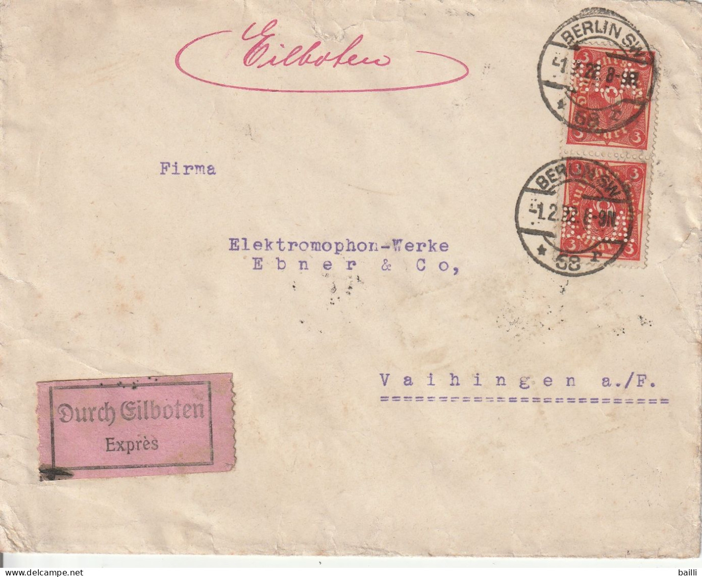 Allemagne Timbres Perforés  Sur Lettre Par Exprès Berlin 1922 - 1922-1923 Emissions Locales