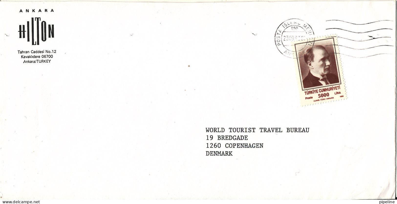 Turkey Cover Sent To Denmark 23-9-1993 Single Franked - Lettres & Documents