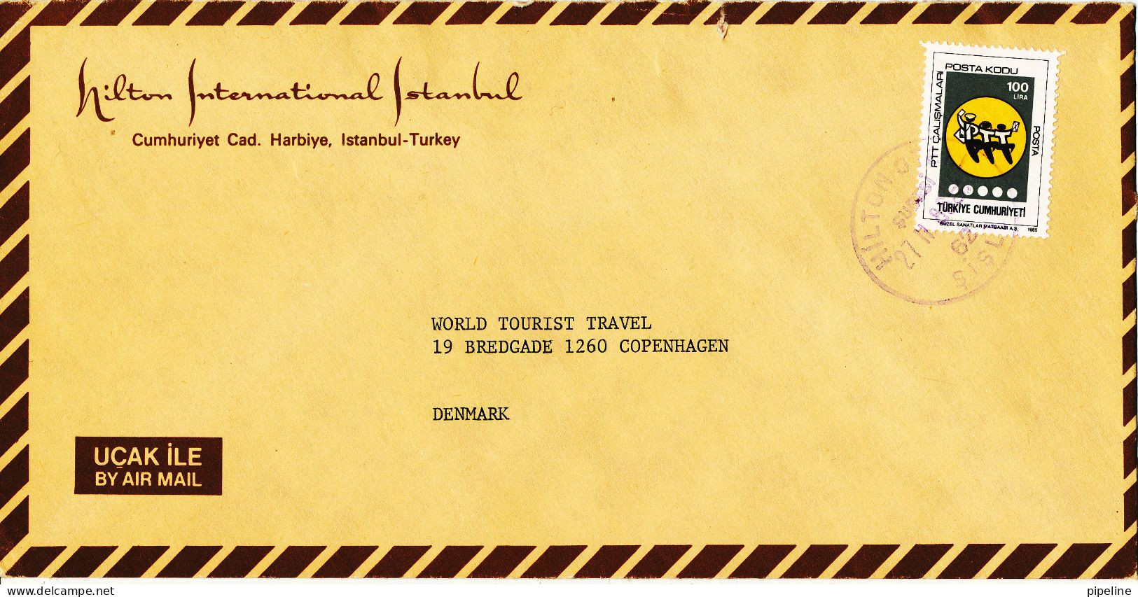 Turkey Cover Sent To Denmark Hilton Hotel 27-11-1986 Single Franked - Briefe U. Dokumente