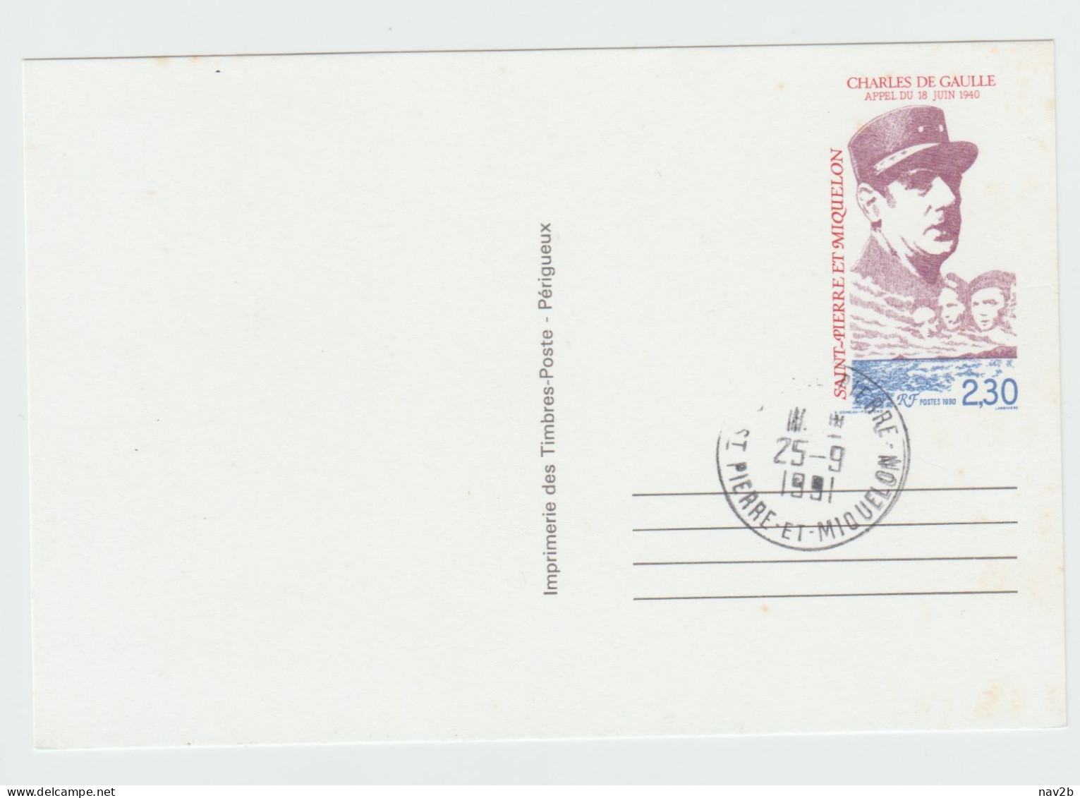 Entier Carte Postale 2,30 Frs Général De Gaulle . Oblitérée 1991 . - Entiers Postaux