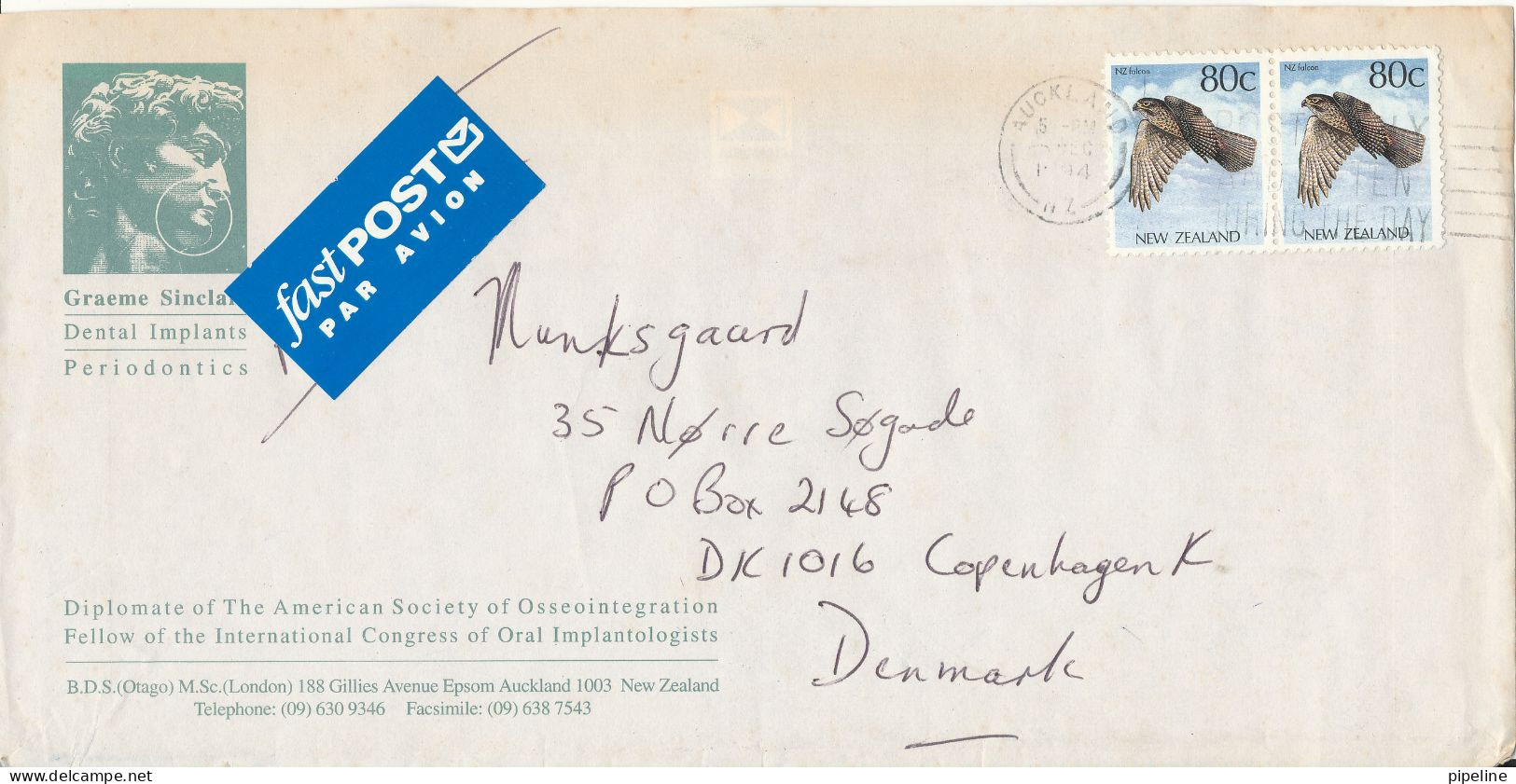 New Zealand Cover Sent Air Mail To Denmark 1994 Topic Stamps NZ Falcon In Pair The Flap On The Backside Of The Cover Is - Storia Postale