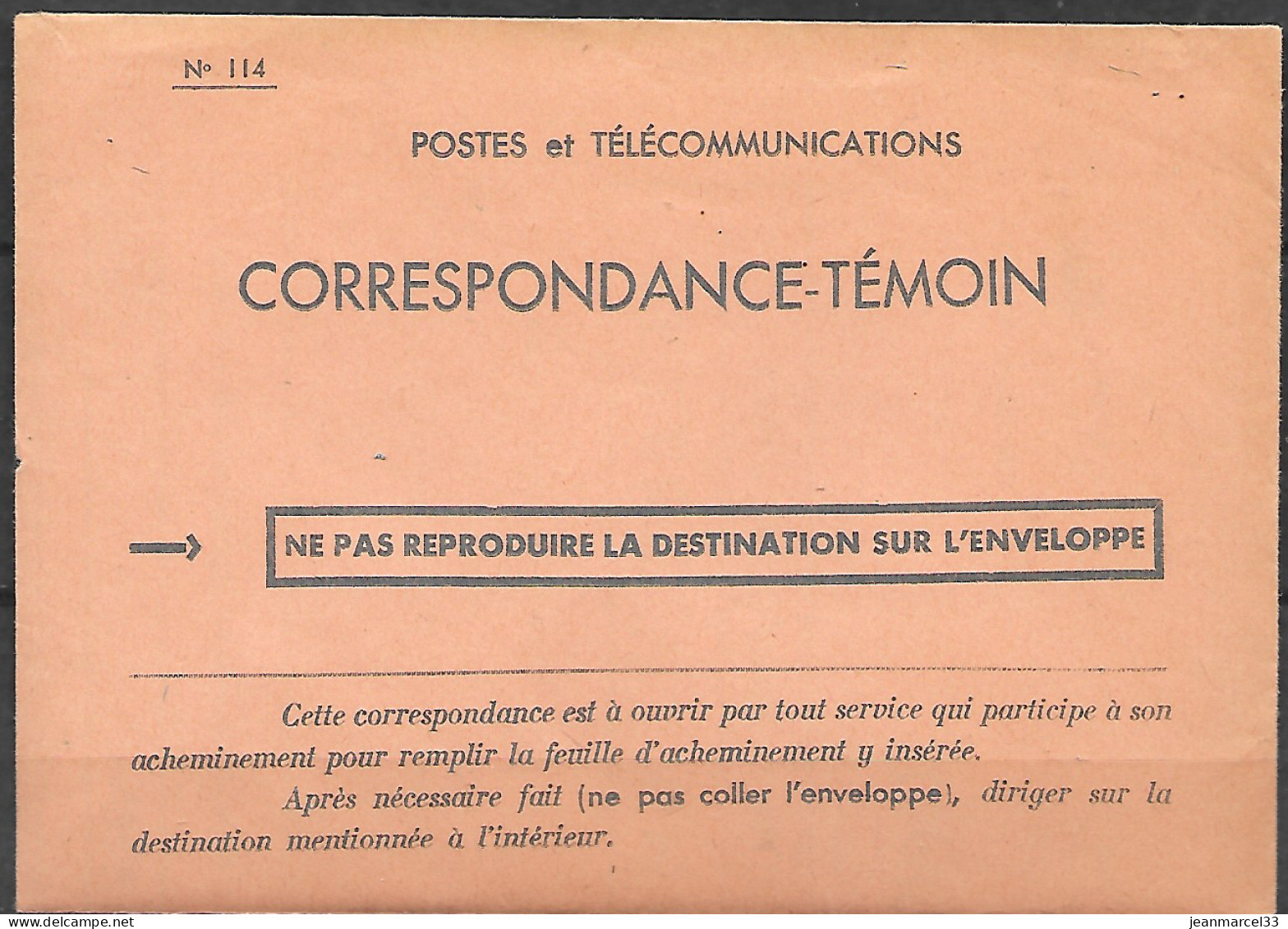 Enveloppe Des PTT N°114 Correspondance-Témoin Neuve Avec L'imprimé N° 113 à L'intérieur - Ohne Zuordnung