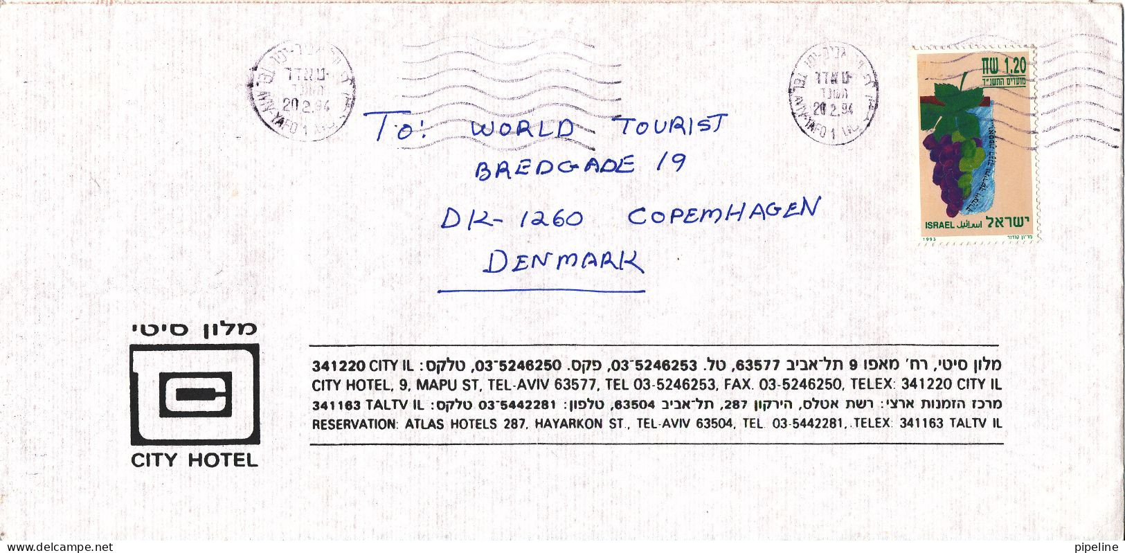 Israel Cover Sent To Denmark 20-2-1994 Single Franked - Covers & Documents