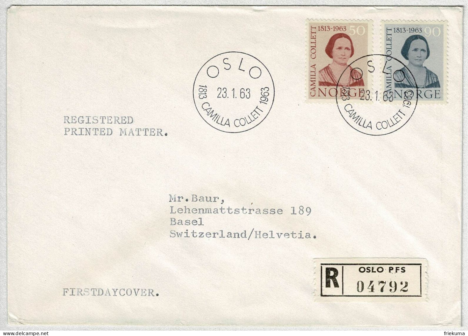 Norwegen / Norge 1963, Brief Einschreiben Ersttag Camilla Collett Oslo - Basel (Schweiz), Frauenrechtlerin - Briefe U. Dokumente