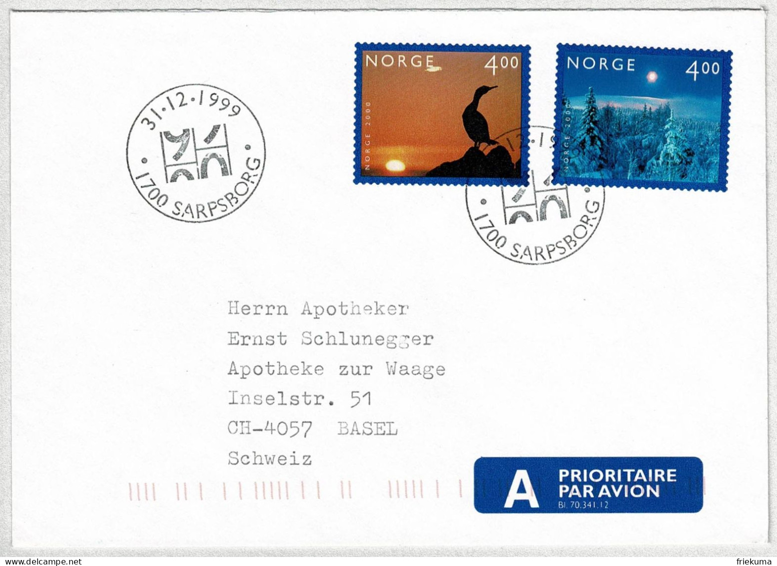 Norwegen / Norge 31.12.1999, Brief Ersttag Jahrtausendwende Sarpsborg - Basel - Storia Postale