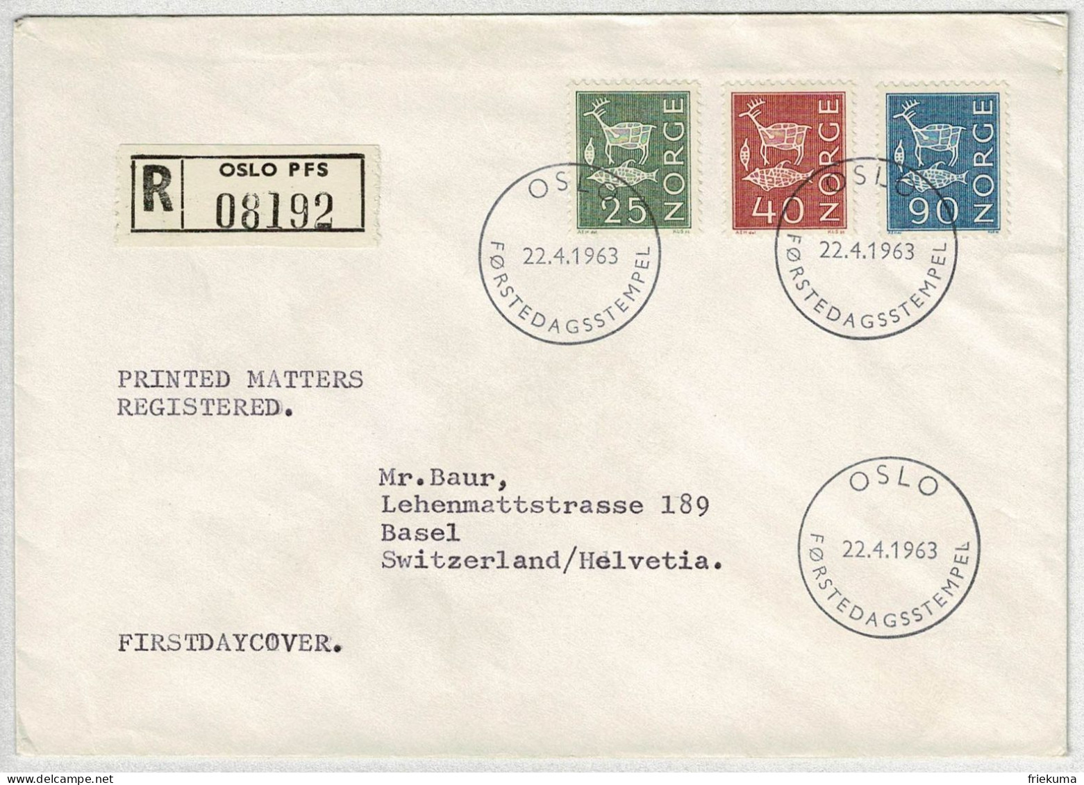 Norwegen / Norge 1963, Brief Einschreiben Ersttag Oslo - Basel (Schweiz), Rentier, Fisch, Tierfalle, Felszeichnungen - Briefe U. Dokumente