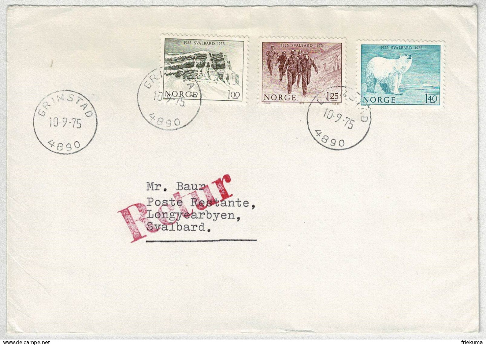 Norwegen / Norge 1975, Brief Grimstad Erstflug SAS Longyearbyen - Tromso, Retour, Spitzbergenvertrag, Eisbär - Briefe U. Dokumente