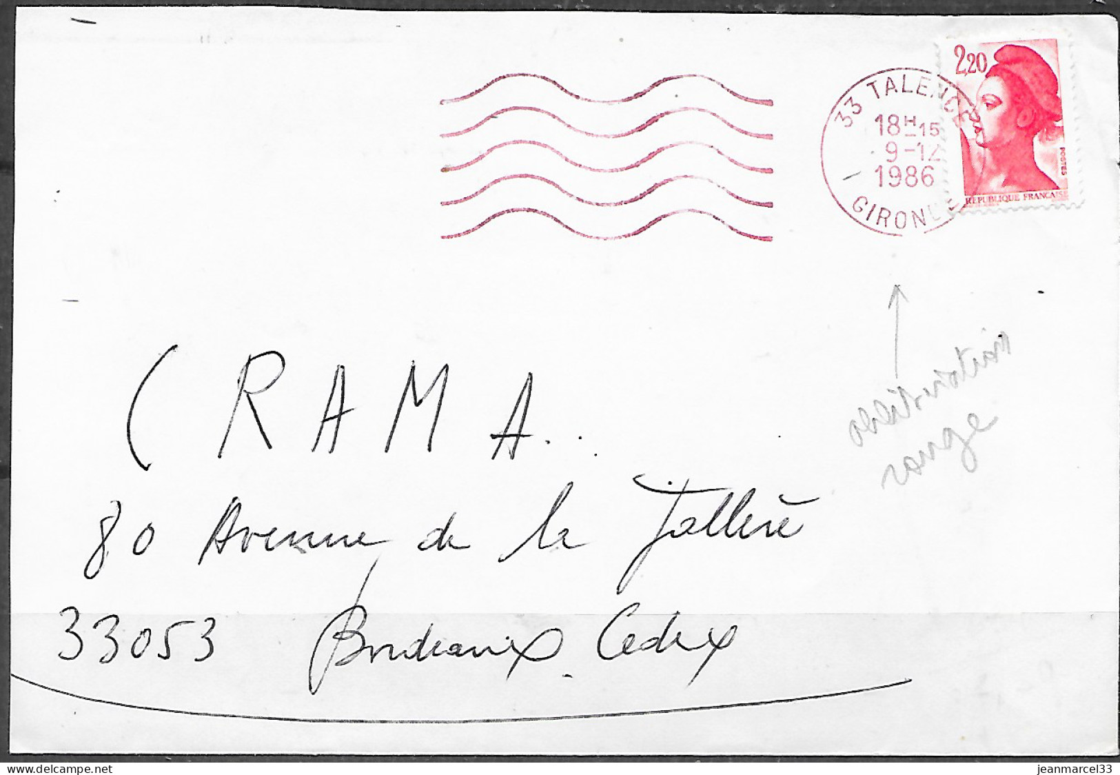 Flamme Sécap =o De 33 Talence 9-12 1986 Lignes Ondulées ROUGE Au Lieu De Noire - Lettres & Documents