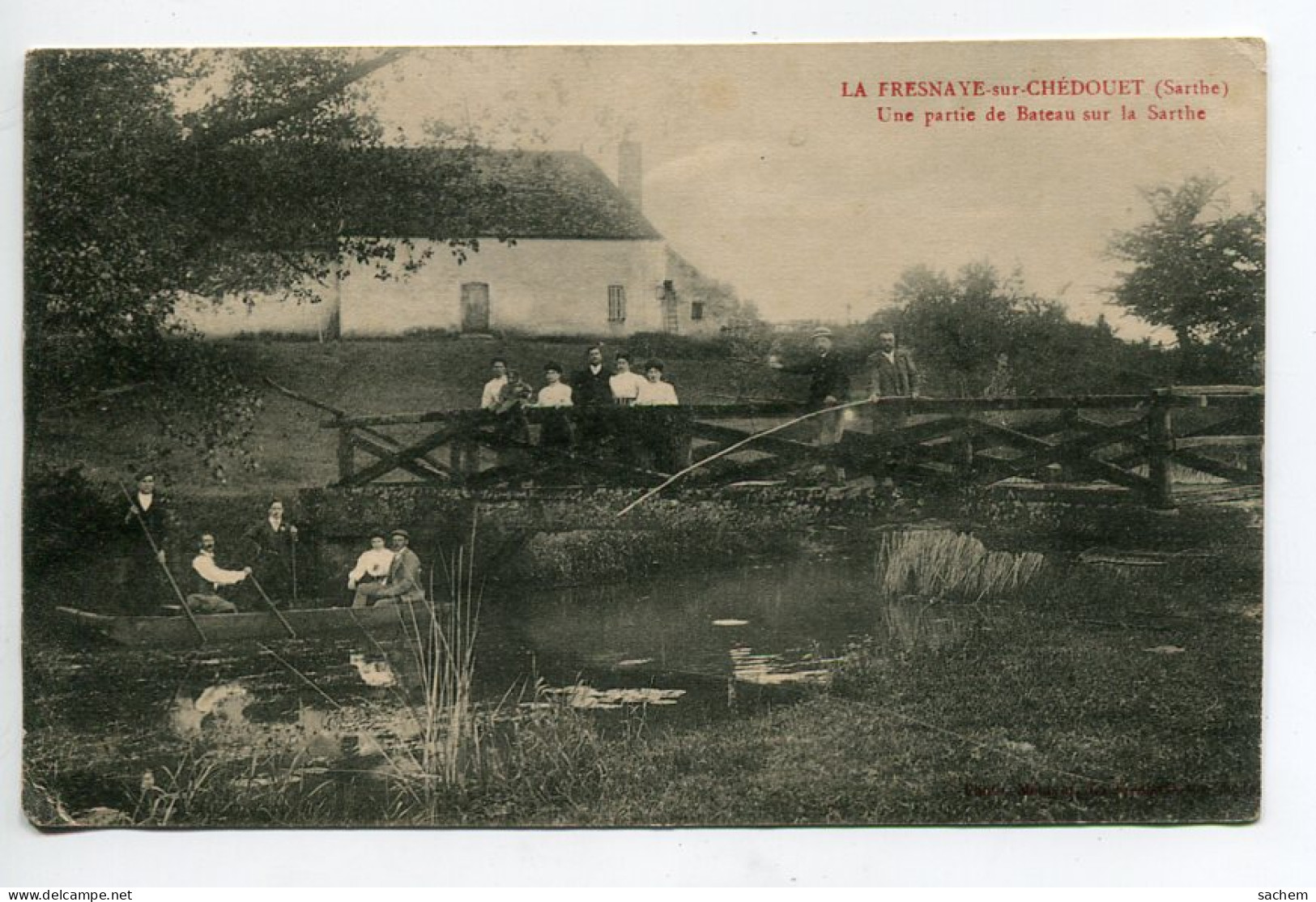 72 LA FRESNAYE Sur CHEDOUET Une Partie De Bateau Sur La Sarthe Pecheur à La Ligne Anim Pont  écrite 1912  D08 2020 - La Fresnaye Sur Chédouet