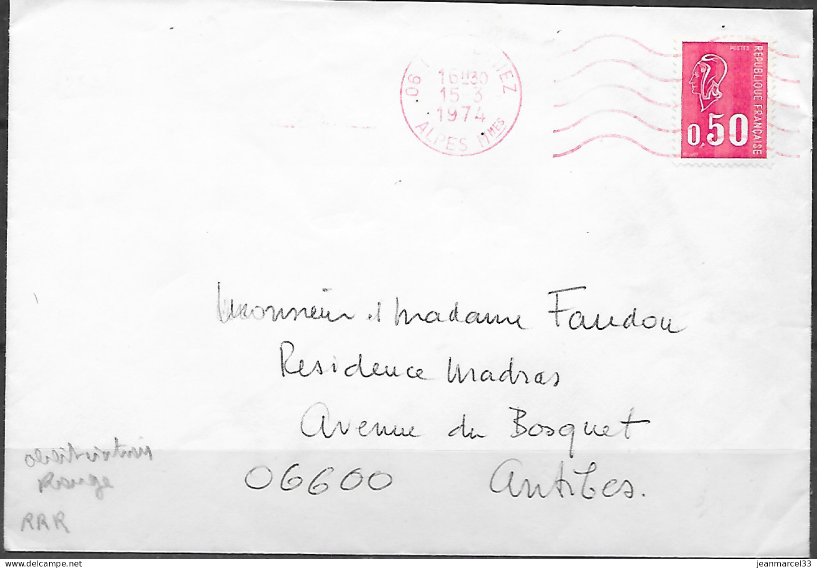 Flamme Sécap O= De 06 Nice Cimiez 15-3 1974 Lignes Ondulées ROUGE Au Lieu De Noire - Cartas & Documentos