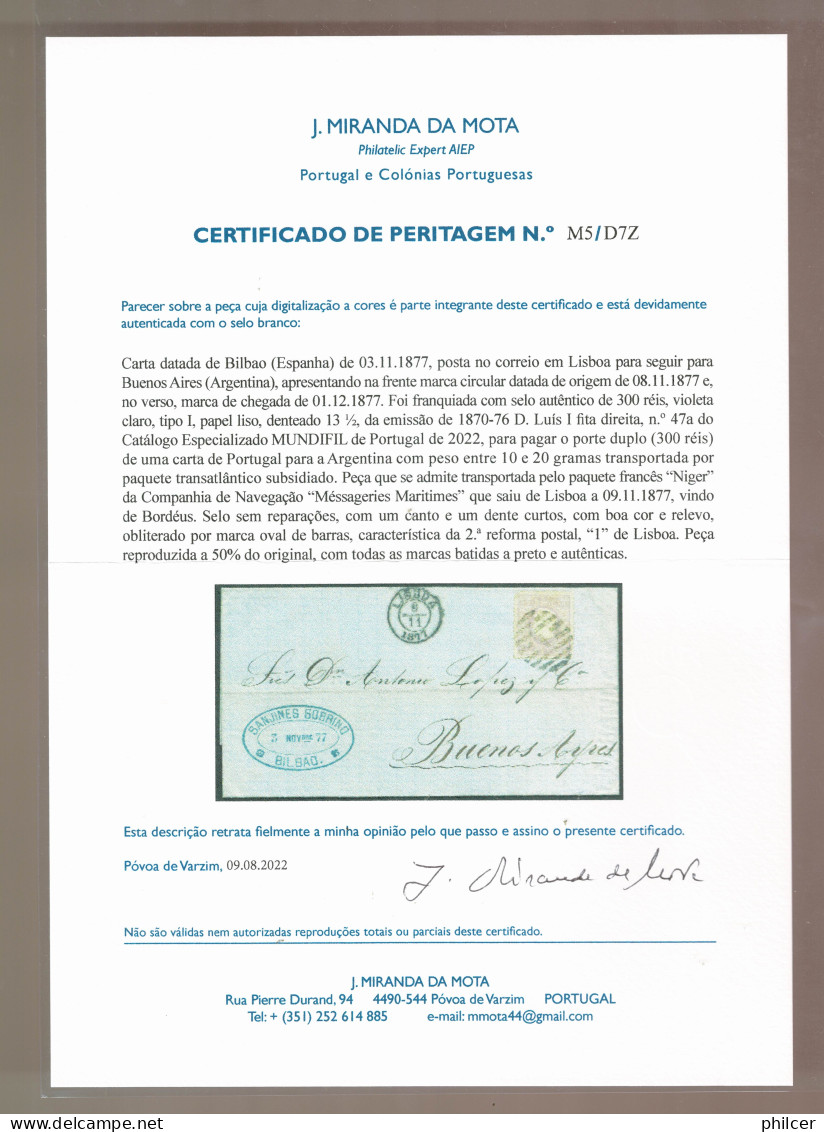 Portugal, 1877, # 47a Dent. 13 1/2, Lisboa-Buenos Aires, Com Certificado - Covers & Documents