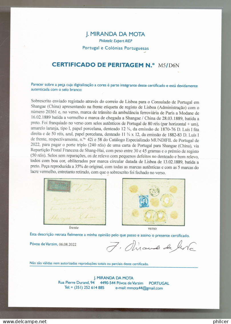 Portugal, 1889, # 42i, Lisboa-Shangae, Com Certificado - Storia Postale