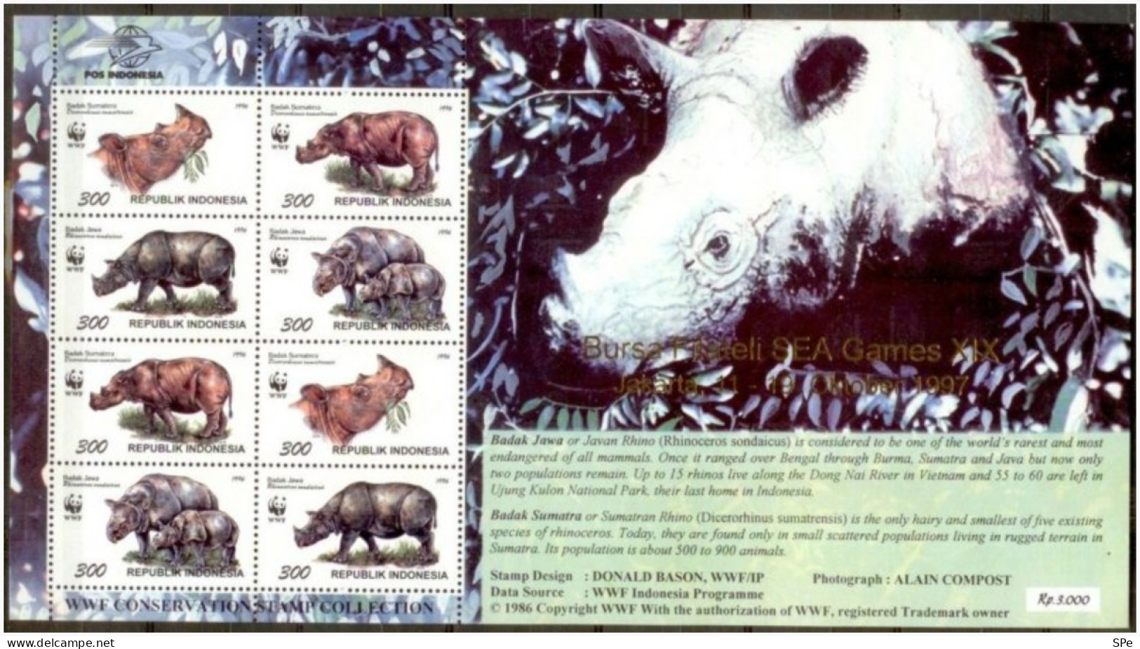 Indonesia 1997 WWF Rhinoceros Minisheet With Golden Overprint Sea Games On 1996 Issue Michel Kleinbogen Type II MNH - Sonstige & Ohne Zuordnung