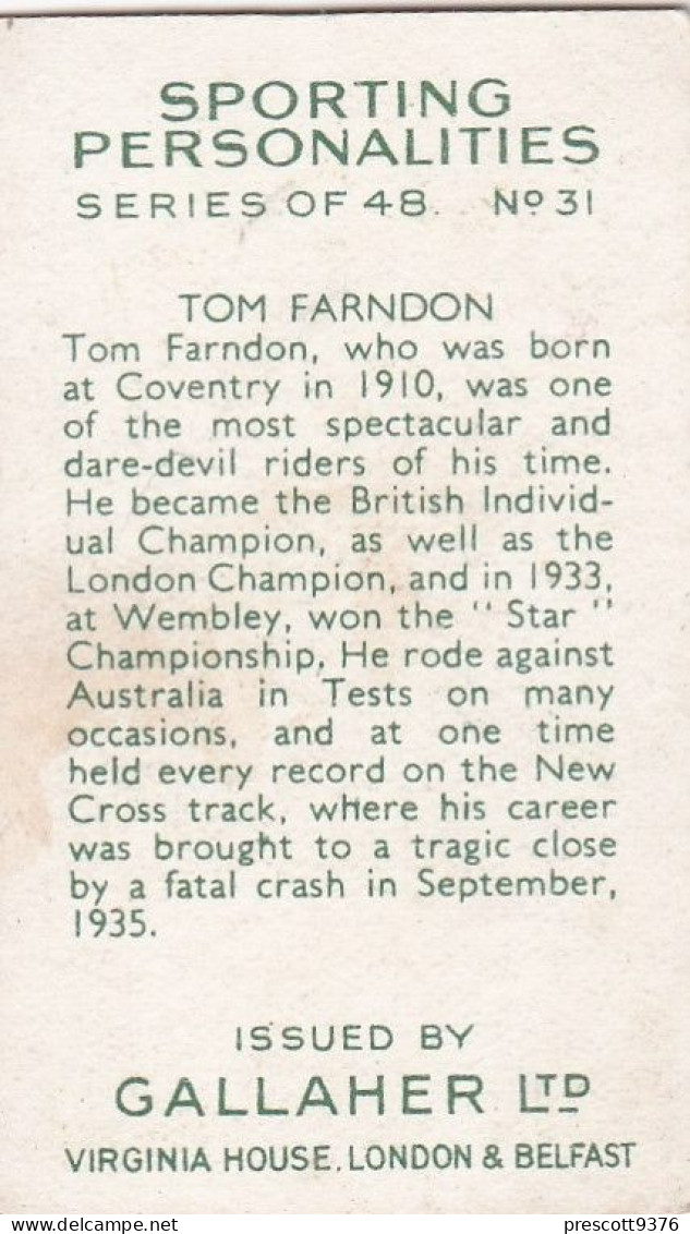 Famous Jockeys 1936 - 31 Tom Farndon   - Gallaher Cigarette Card - Original- Sport, Horse Racing - Gallaher