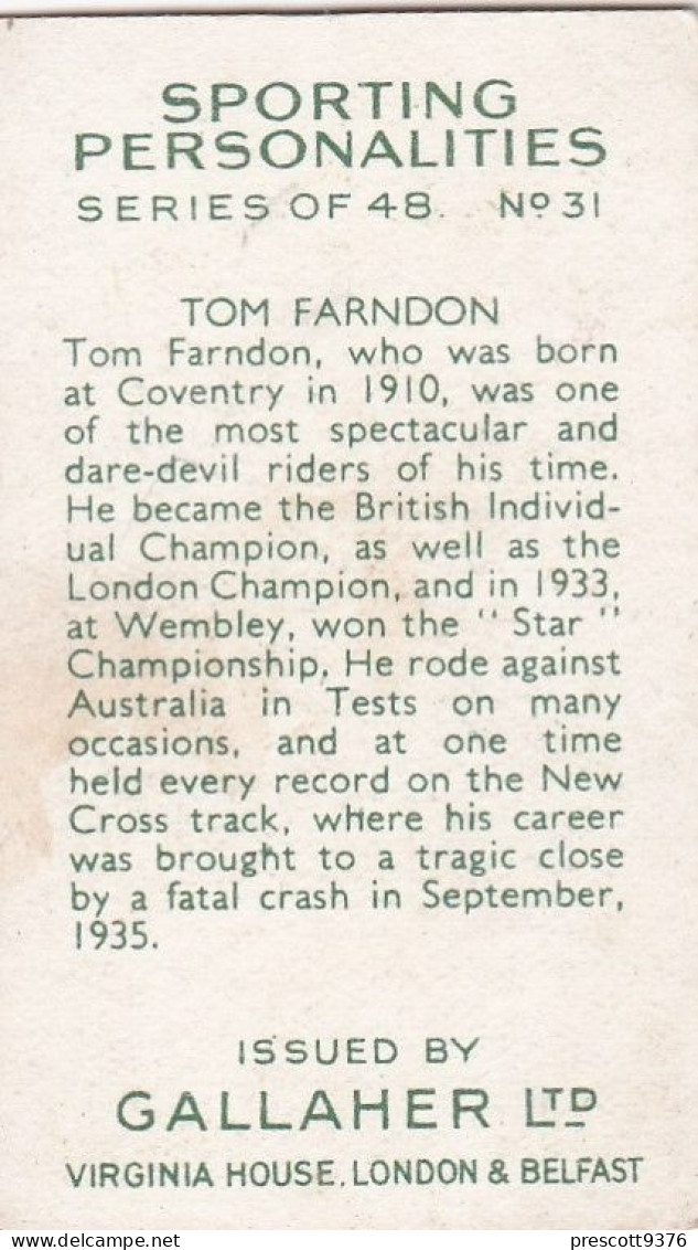 31 Tom Farndon, Speedway  - Sporting Personalities 1936 - Gallaher Cigarette Card - Original - Sport - - Gallaher